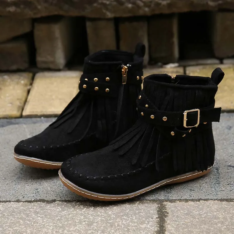 GS Boho Boot | Boho enkellaars met franjes en gespen voor dames