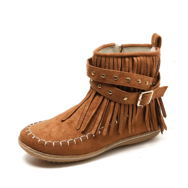 GS Boho Boot | Boho enkellaars met franjes en gespen voor dames