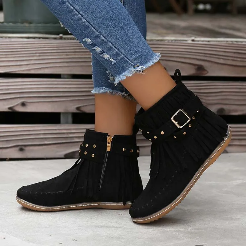 GS Boho Boot | Boho enkellaars met franjes en gespen voor dames