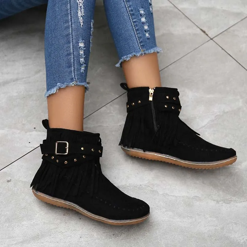 GS Boho Boot | Boho enkellaars met franjes en gespen voor dames