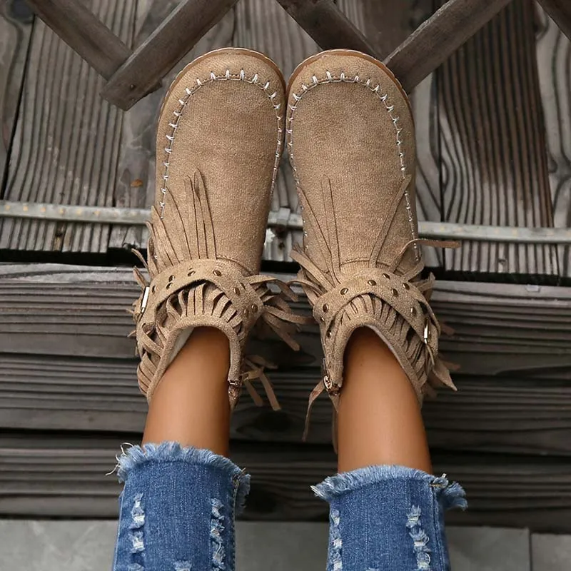 GS Boho Boot | Boho enkellaars met franjes en gespen voor dames