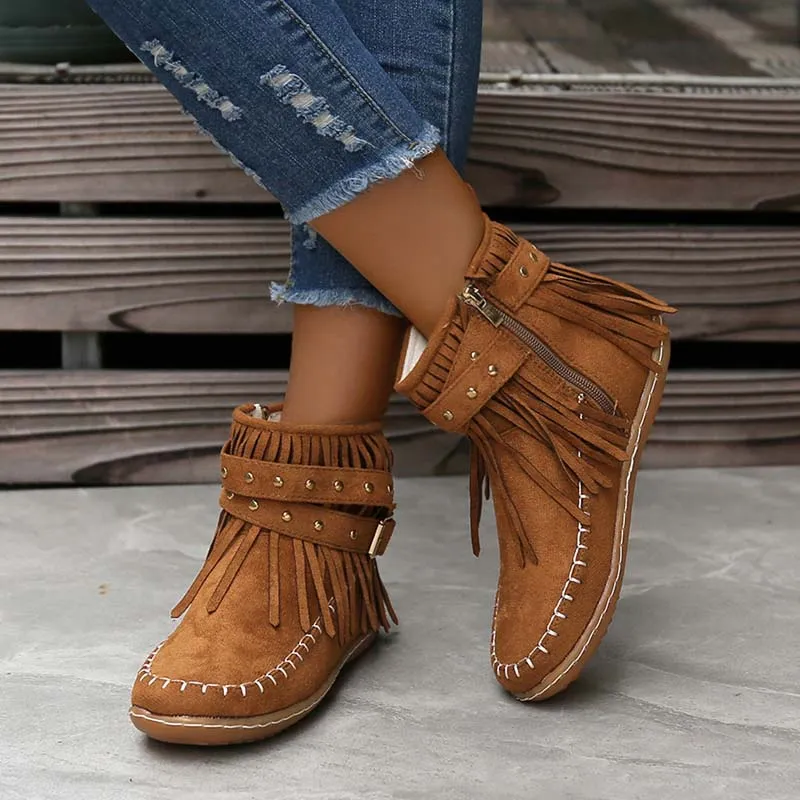 GS Boho Boot | Boho enkellaars met franjes en gespen voor dames
