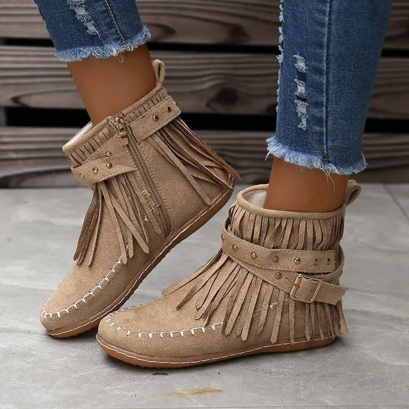 GS Boho Boot | Boho enkellaars met franjes en gespen voor dames