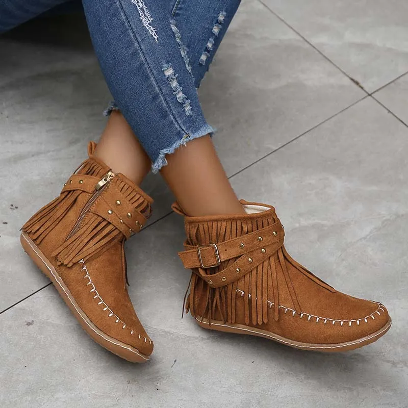 GS Boho Boot | Boho enkellaars met franjes en gespen voor dames