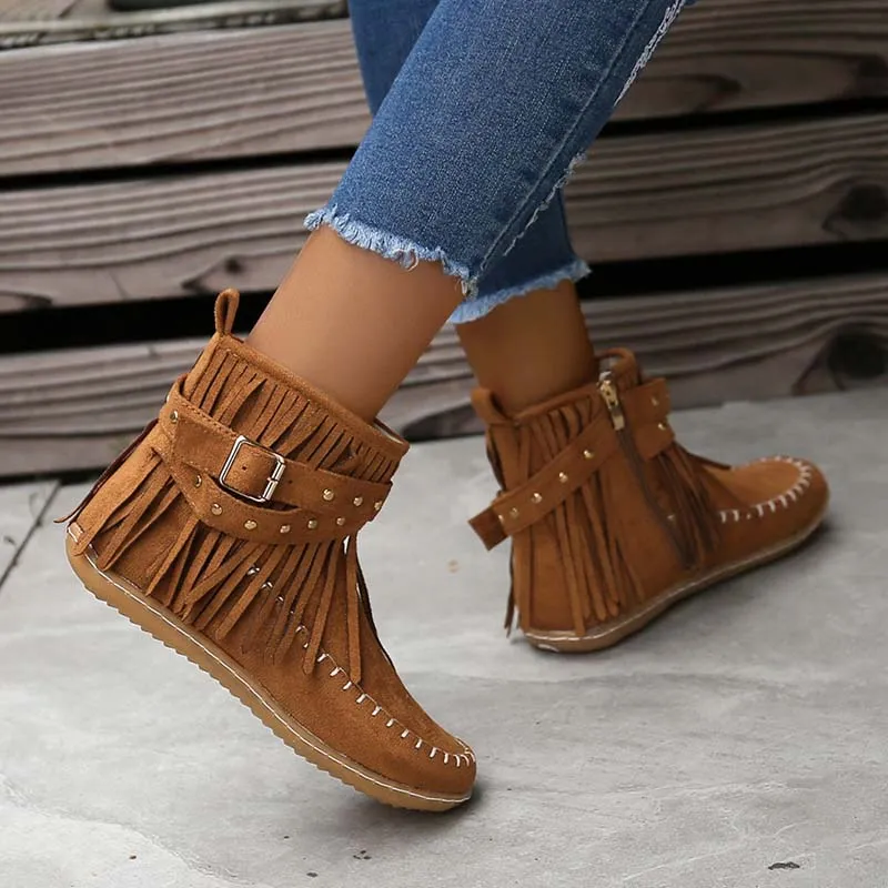 GS Boho Boot | Boho enkellaars met franjes en gespen voor dames