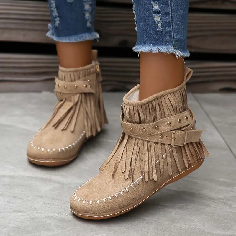 GS Boho Boot | Boho enkellaars met franjes en gespen voor dames