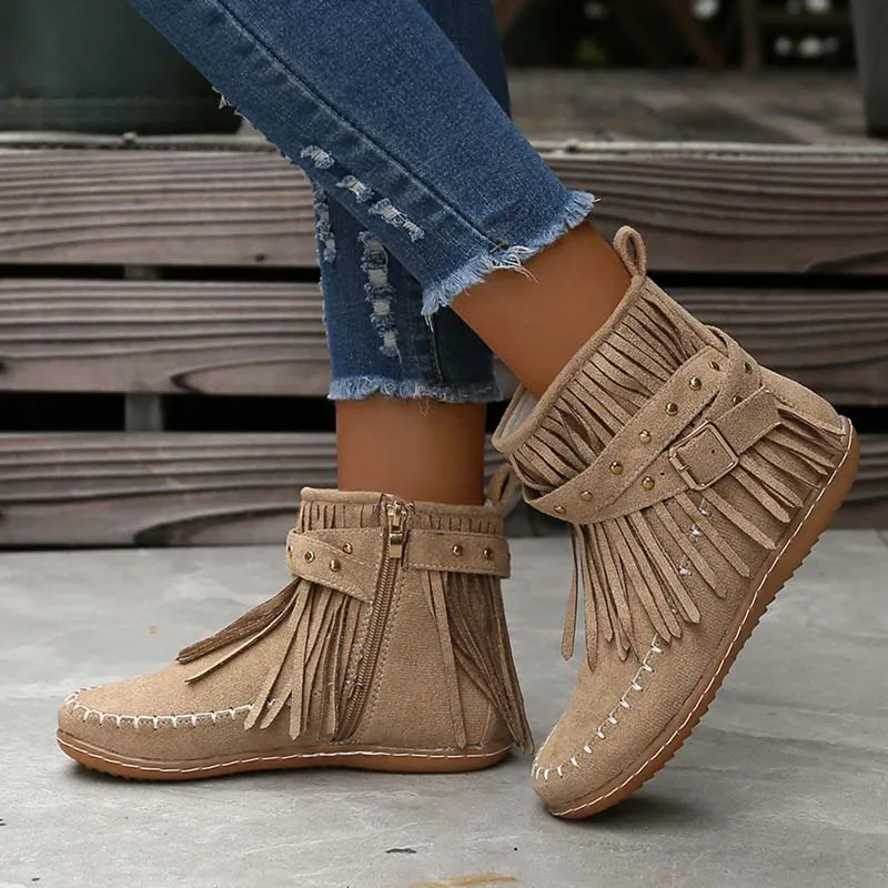 GS Boho Boot | Boho enkellaars met franjes en gespen voor dames