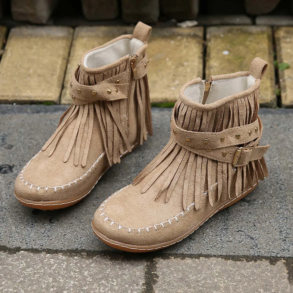 GS Boho Boot | Boho enkellaars met franjes en gespen voor dames