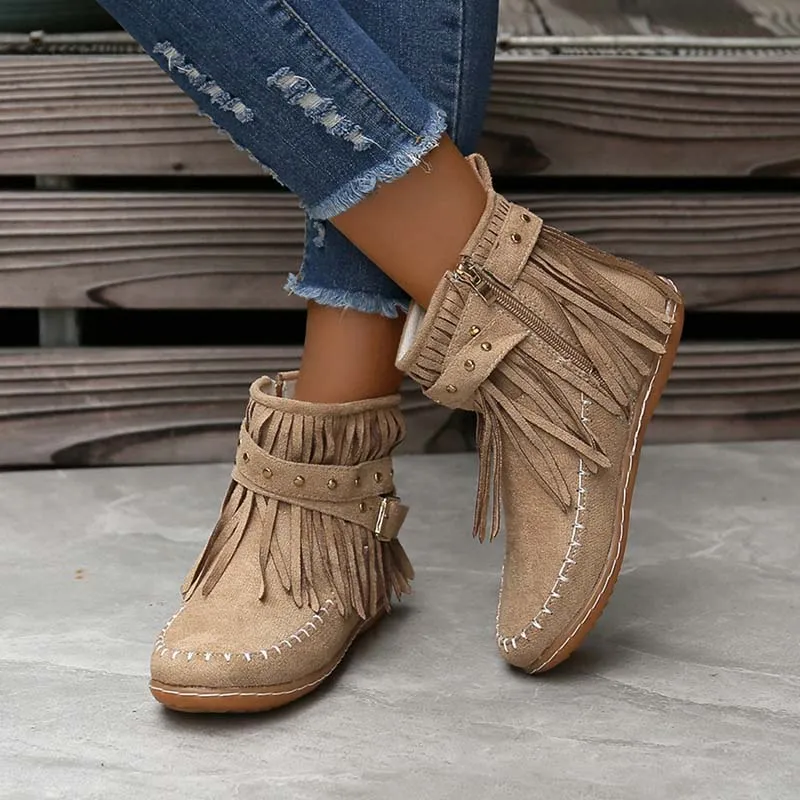 GS Boho Boot | Boho enkellaars met franjes en gespen voor dames