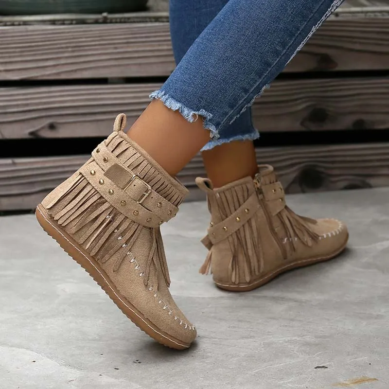 GS Boho Boot | Boho enkellaars met franjes en gespen voor dames