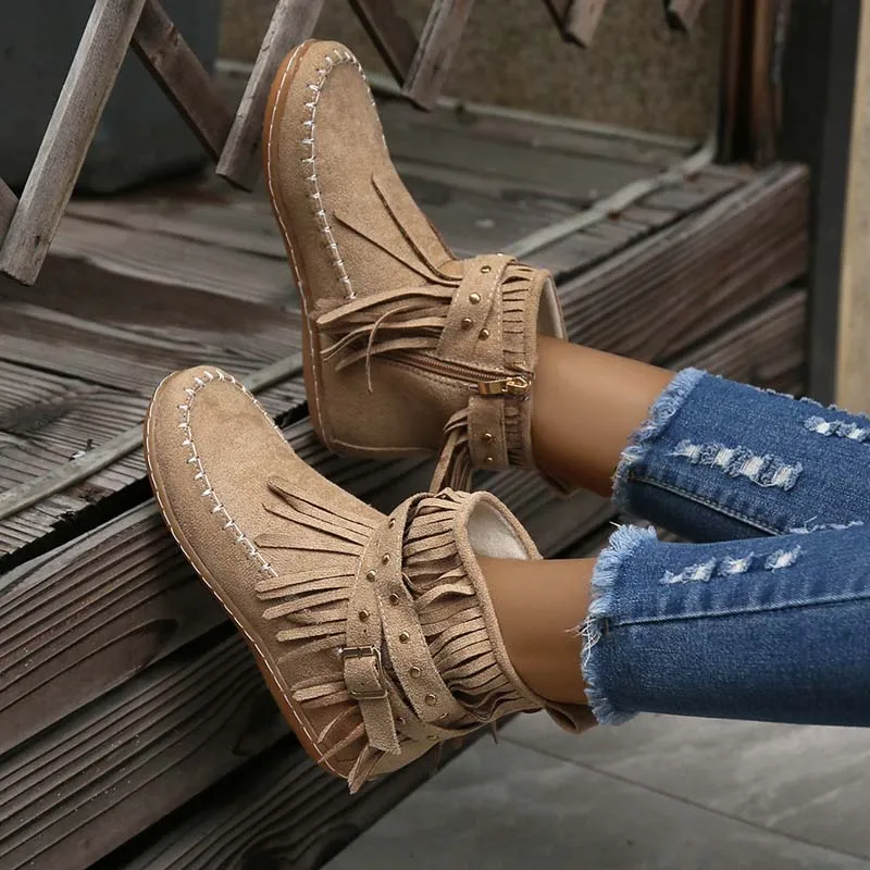 GS Boho Boot | Boho enkellaars met franjes en gespen voor dames