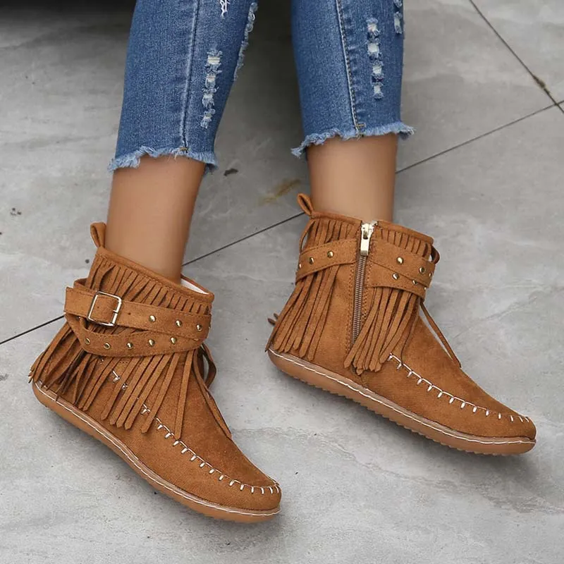 GS Boho Boot | Boho enkellaars met franjes en gespen voor dames