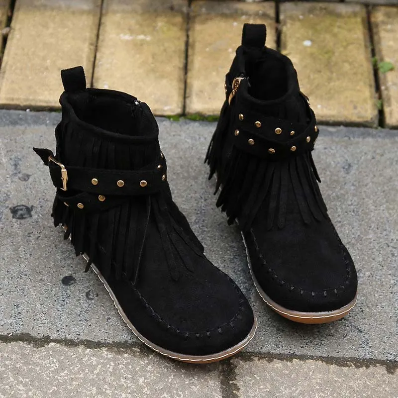 GS Boho Boot | Boho enkellaars met franjes en gespen voor dames