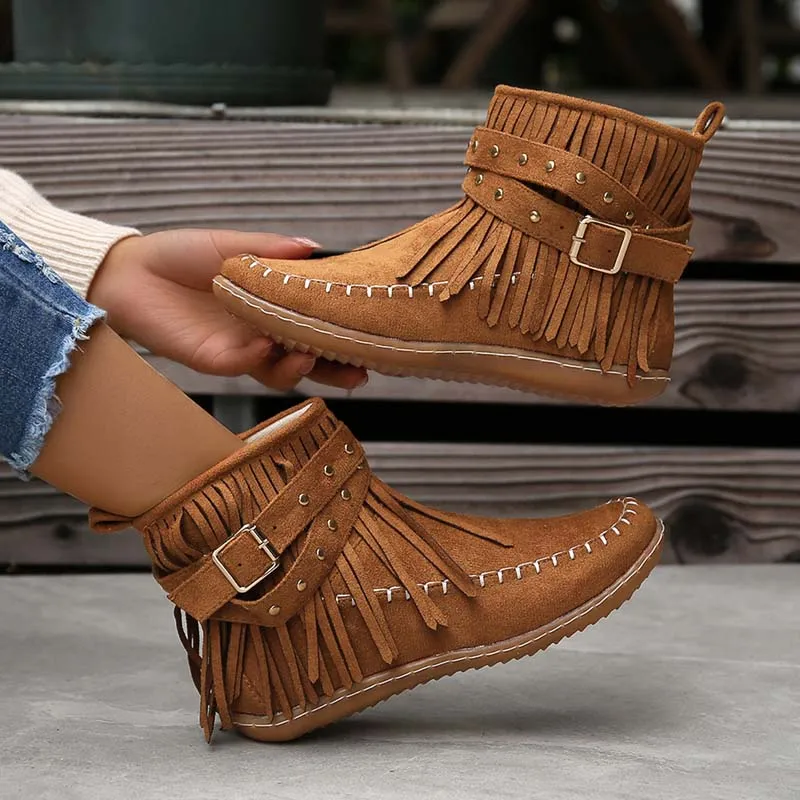GS Boho Boot | Boho enkellaars met franjes en gespen voor dames