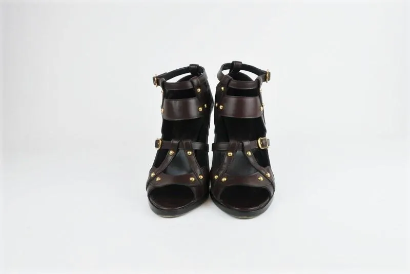 Gucci Booties Dark Brown Studded Leather Size 8.5 Open Toe Cutout Ankle Boots