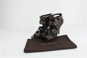 Gucci Booties Dark Brown Studded Leather Size 8.5 Open Toe Cutout Ankle Boots