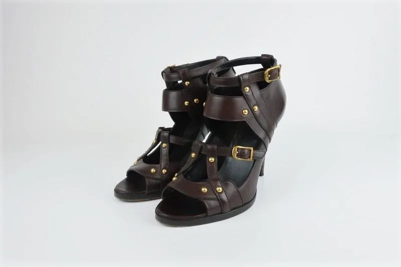 Gucci Booties Dark Brown Studded Leather Size 8.5 Open Toe Cutout Ankle Boots