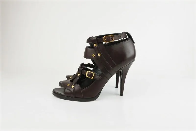 Gucci Booties Dark Brown Studded Leather Size 8.5 Open Toe Cutout Ankle Boots