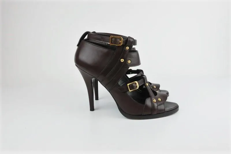 Gucci Booties Dark Brown Studded Leather Size 8.5 Open Toe Cutout Ankle Boots