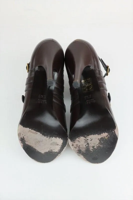 Gucci Booties Dark Brown Studded Leather Size 8.5 Open Toe Cutout Ankle Boots