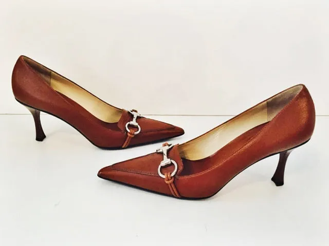 GUCCI Brown Leather Pointed Toe w/ Buckle Heels Size 7