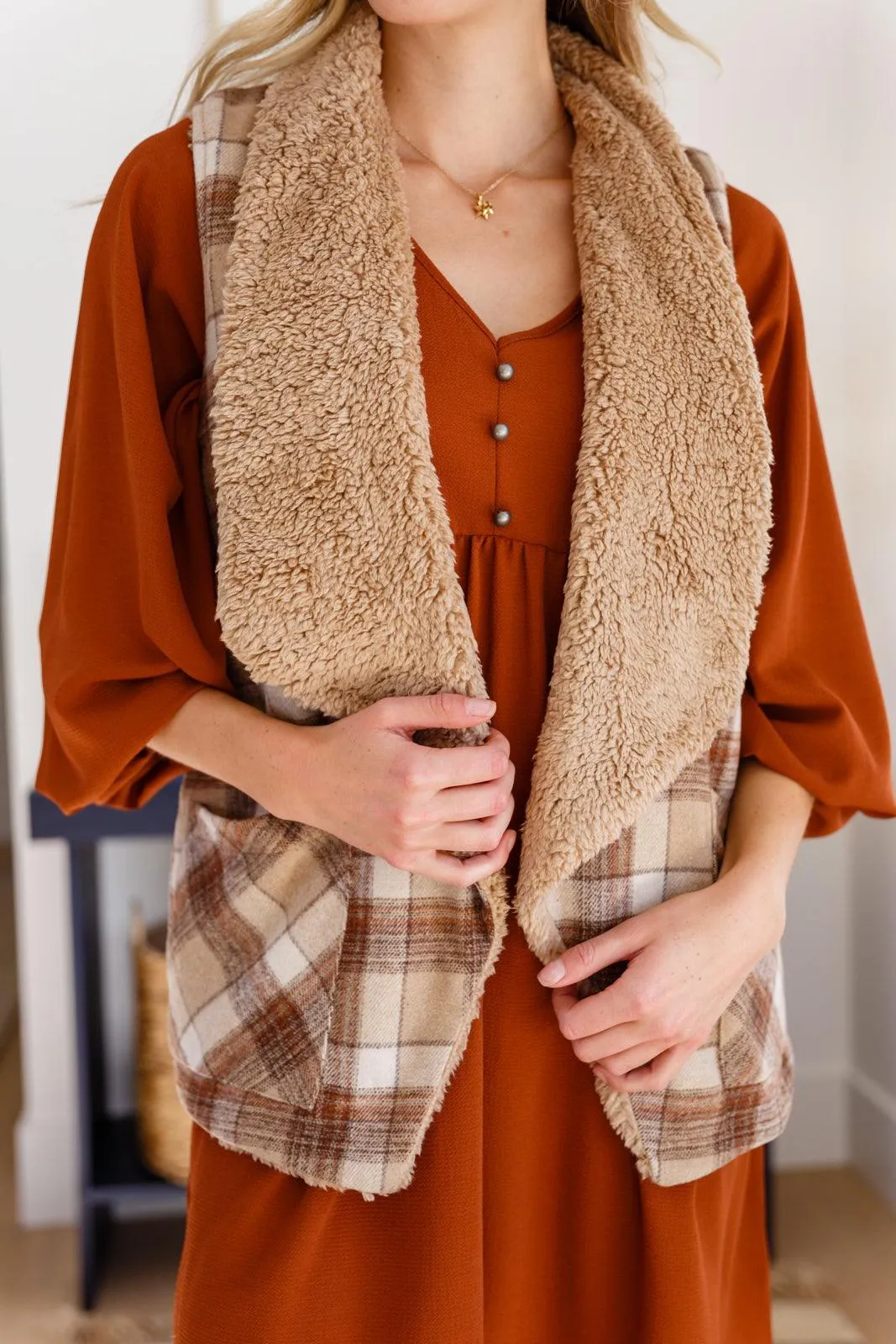 Hazel Blues® | Snug And Stylish Plaid Fur Lined Wide Collar Vest