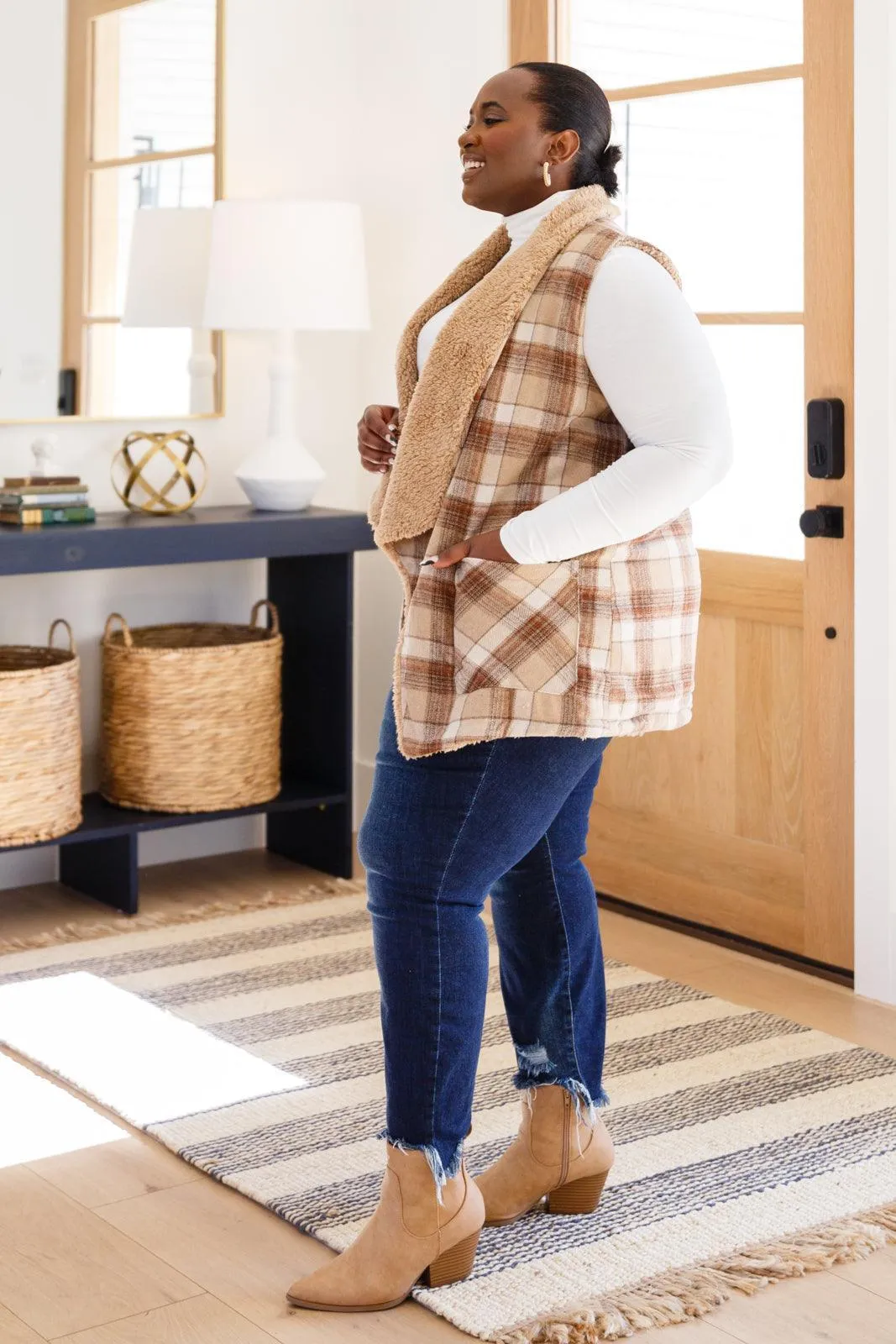 Hazel Blues® | Snug And Stylish Plaid Fur Lined Wide Collar Vest