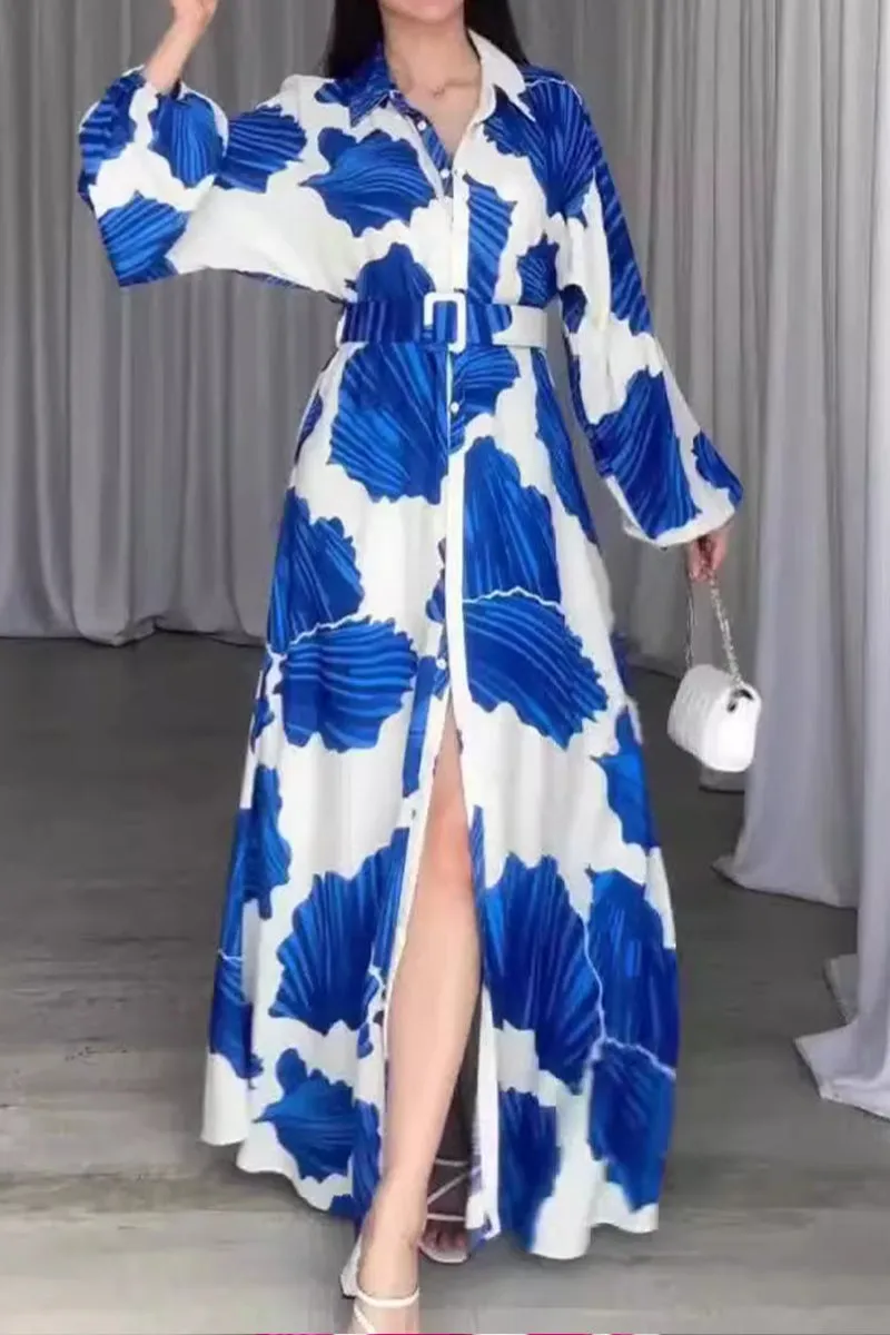 HBR1013 Leaf Print Maxi Dress