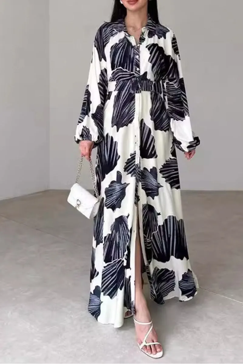 HBR1013 Leaf Print Maxi Dress