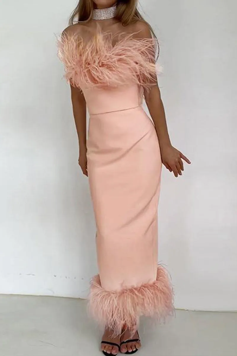 HBT1250 Hip sleeveless fur pencil skirt dress