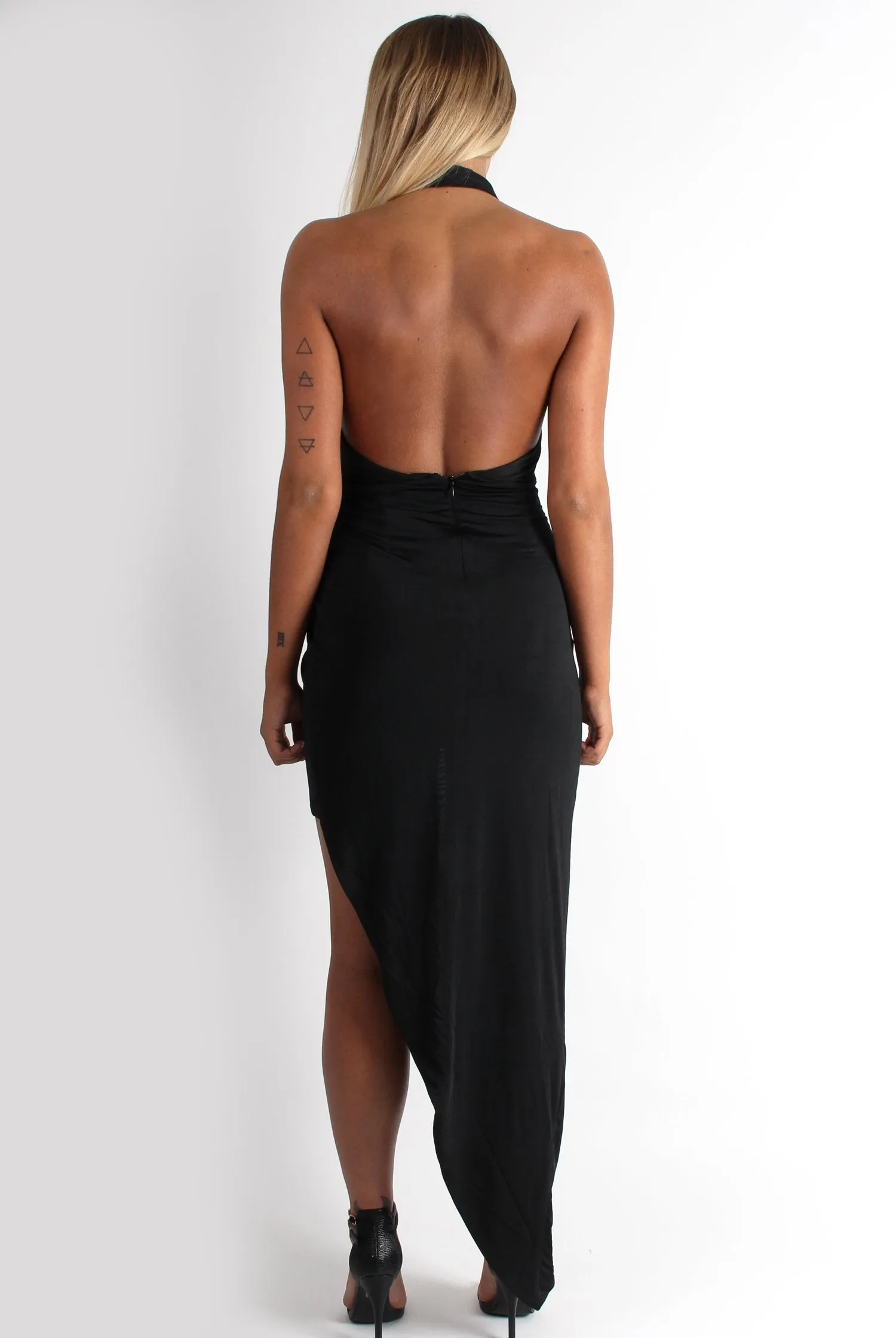 Hetty Black Halter Neck Dip Hem Dress