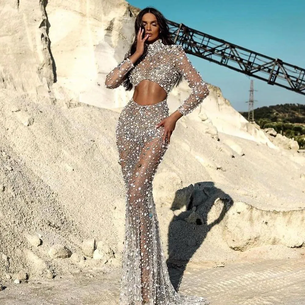 High Neck Crystal Robe De Soiree Dress
