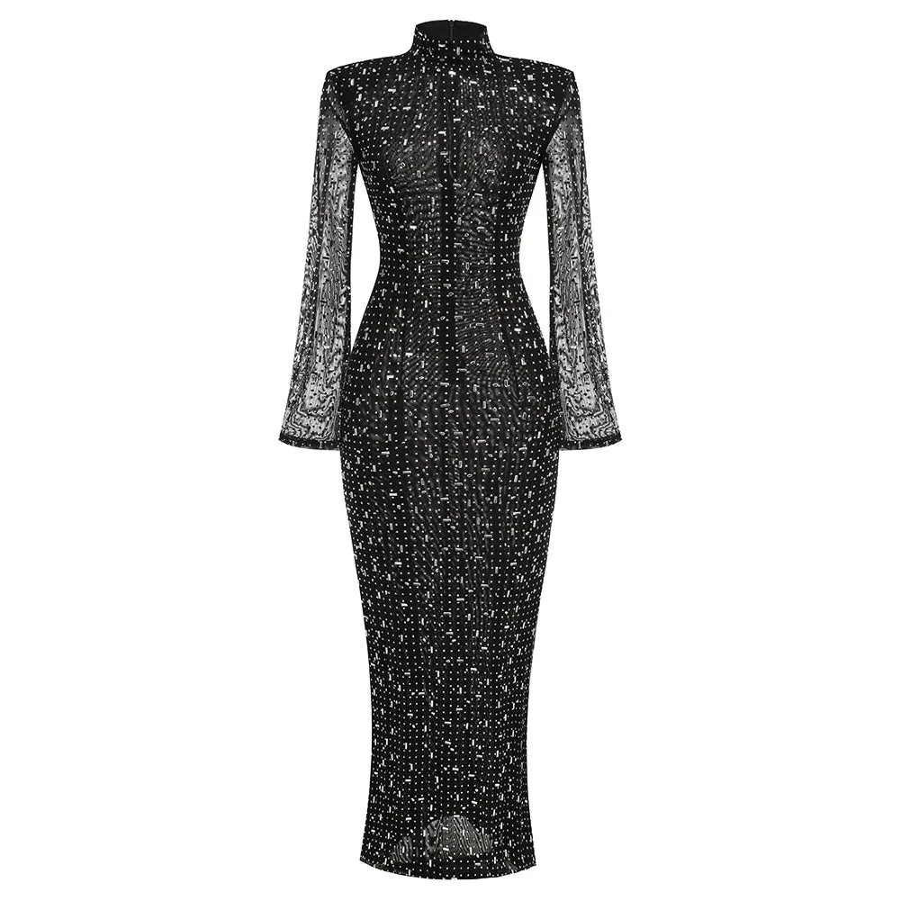 High Neck Long Sleeve Rhinestone Maxi Dress KLYKY02