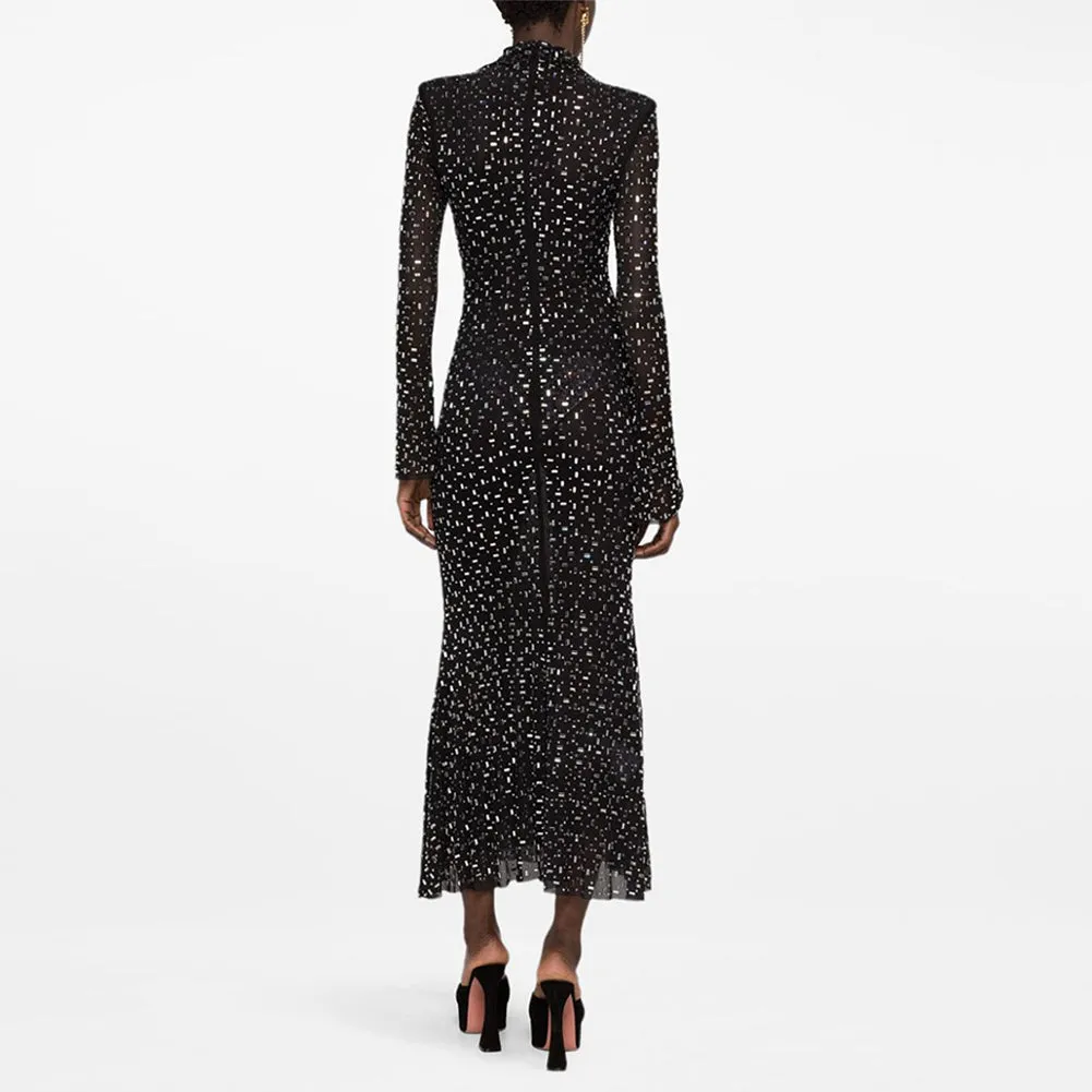 High Neck Long Sleeve Rhinestone Maxi Dress KLYKY02