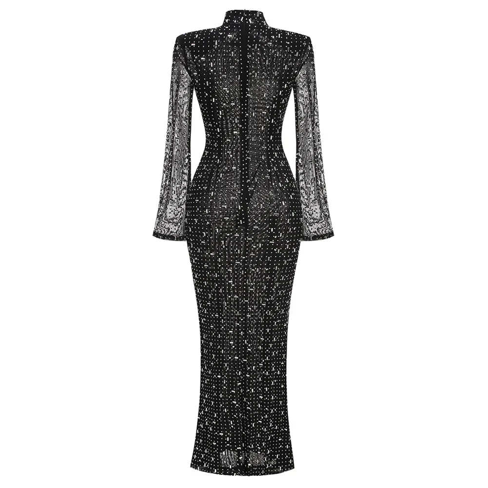 High Neck Long Sleeve Rhinestone Maxi Dress KLYKY02