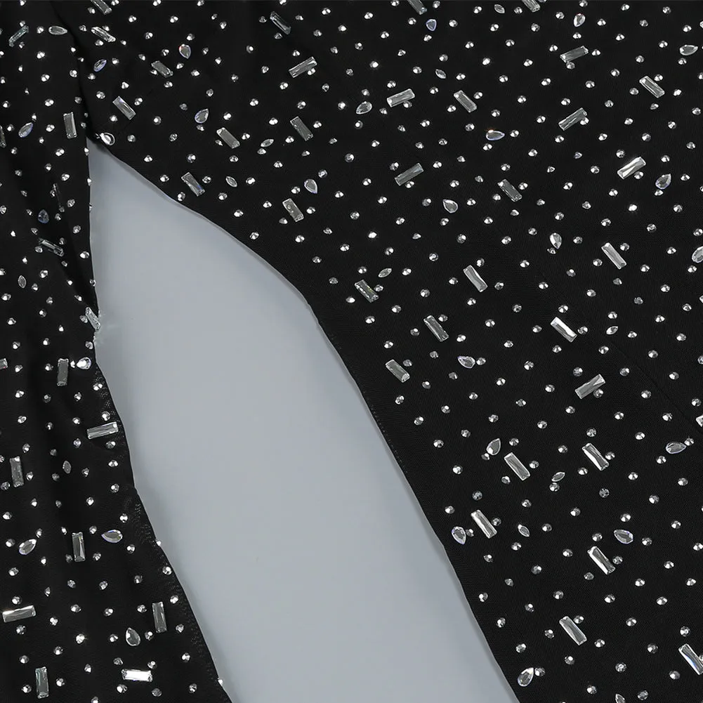 High Neck Long Sleeve Rhinestone Maxi Dress KLYKY02