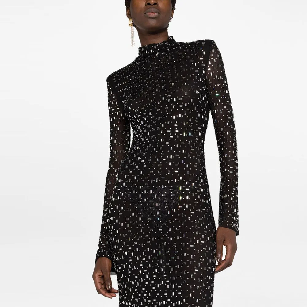 High Neck Long Sleeve Rhinestone Maxi Dress KLYKY02