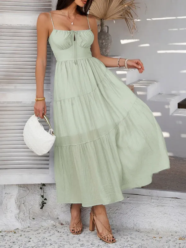 Holiday style solid color high waist suspender dress