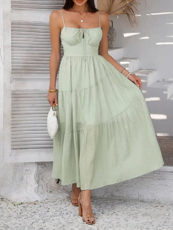 Holiday style solid color high waist suspender dress