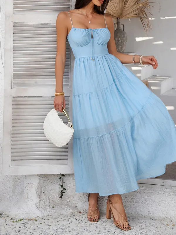 Holiday style solid color high waist suspender dress