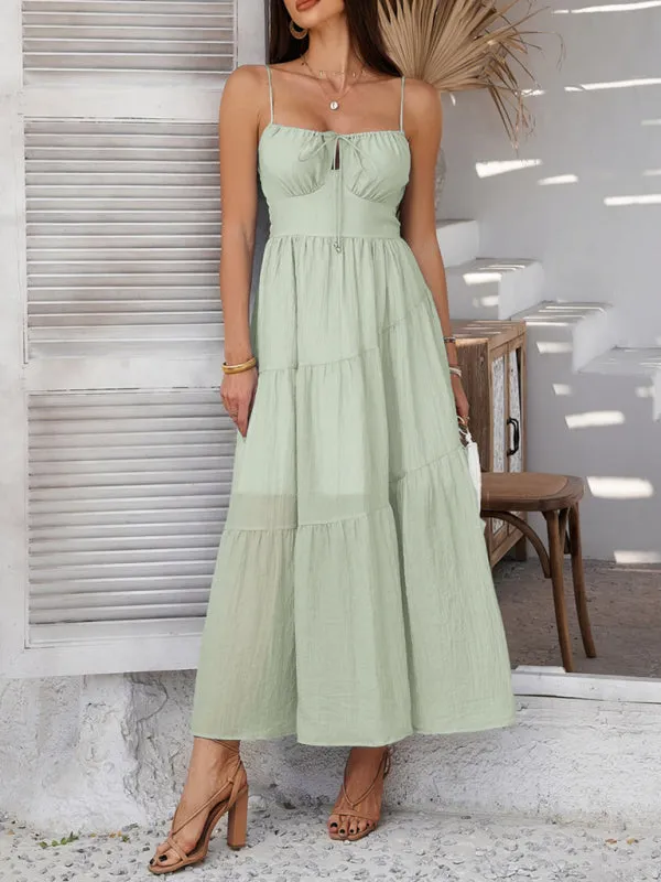 Holiday style solid color high waist suspender dress