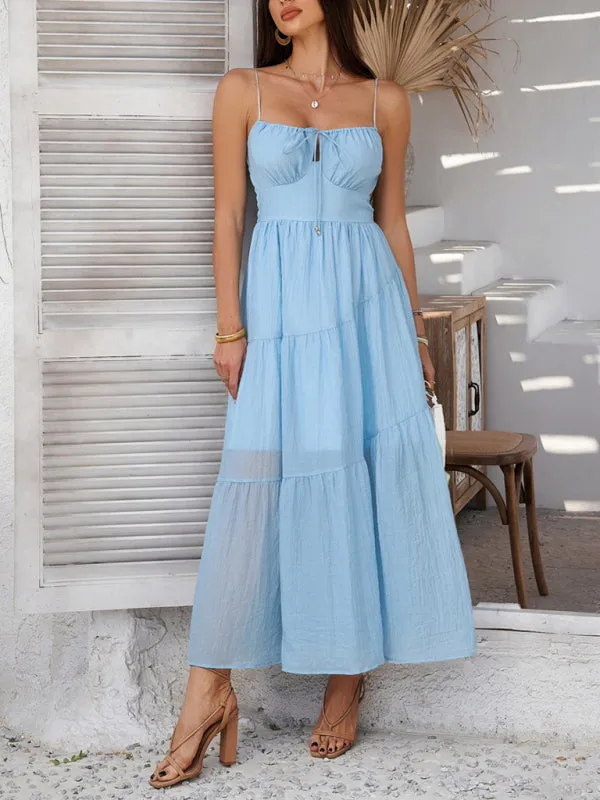 Holiday style solid color high waist suspender dress