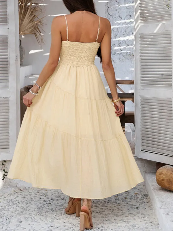 Holiday style solid color high waist suspender dress