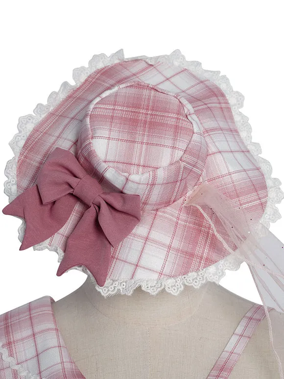 Idol clothes Lolita OP Dress 4-Piece Set Sleeveless Plaid Pattern Bows Metal Details Polyester Pink Lolita One Piece Outfit