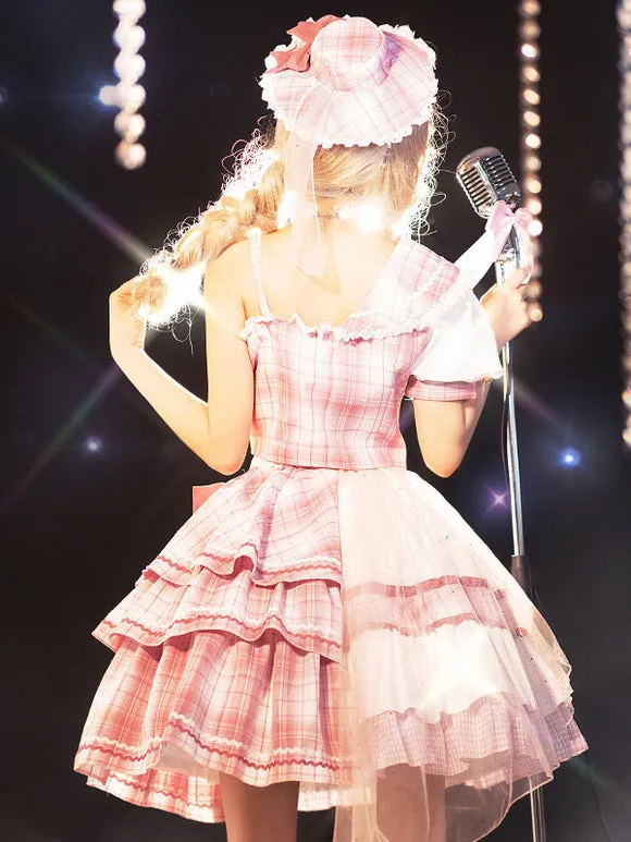 Idol clothes Lolita OP Dress 4-Piece Set Sleeveless Plaid Pattern Bows Metal Details Polyester Pink Lolita One Piece Outfit