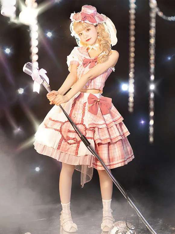 Idol clothes Lolita OP Dress 4-Piece Set Sleeveless Plaid Pattern Bows Metal Details Polyester Pink Lolita One Piece Outfit