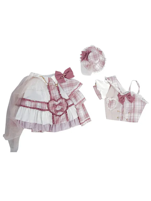 Idol clothes Lolita OP Dress 4-Piece Set Sleeveless Plaid Pattern Bows Metal Details Polyester Pink Lolita One Piece Outfit