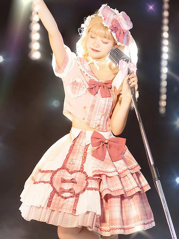 Idol clothes Lolita OP Dress 4-Piece Set Sleeveless Plaid Pattern Bows Metal Details Polyester Pink Lolita One Piece Outfit
