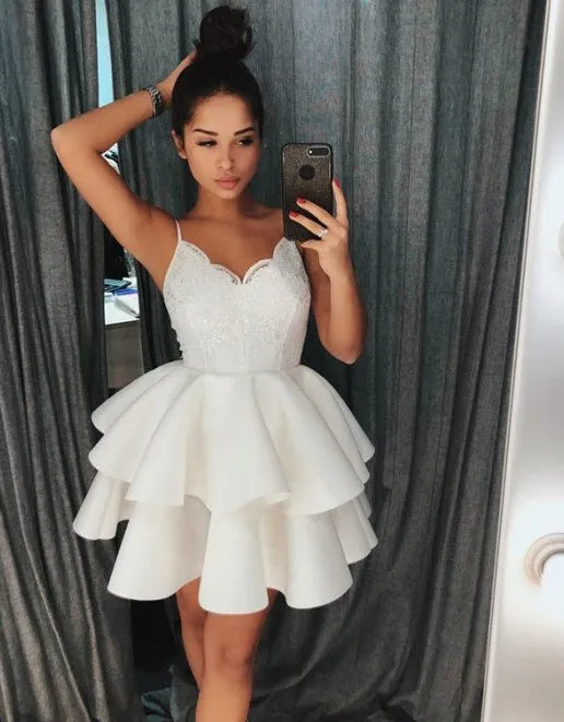 Ivory Lace Spaghetti Strap Short Homecoming Dresses V Neck Short Prom Dress, SH306