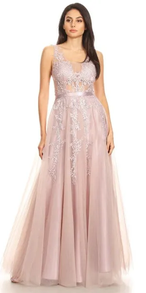 J&J Fashion 3085 Stunning Illusion Appliqued Long Prom Dress